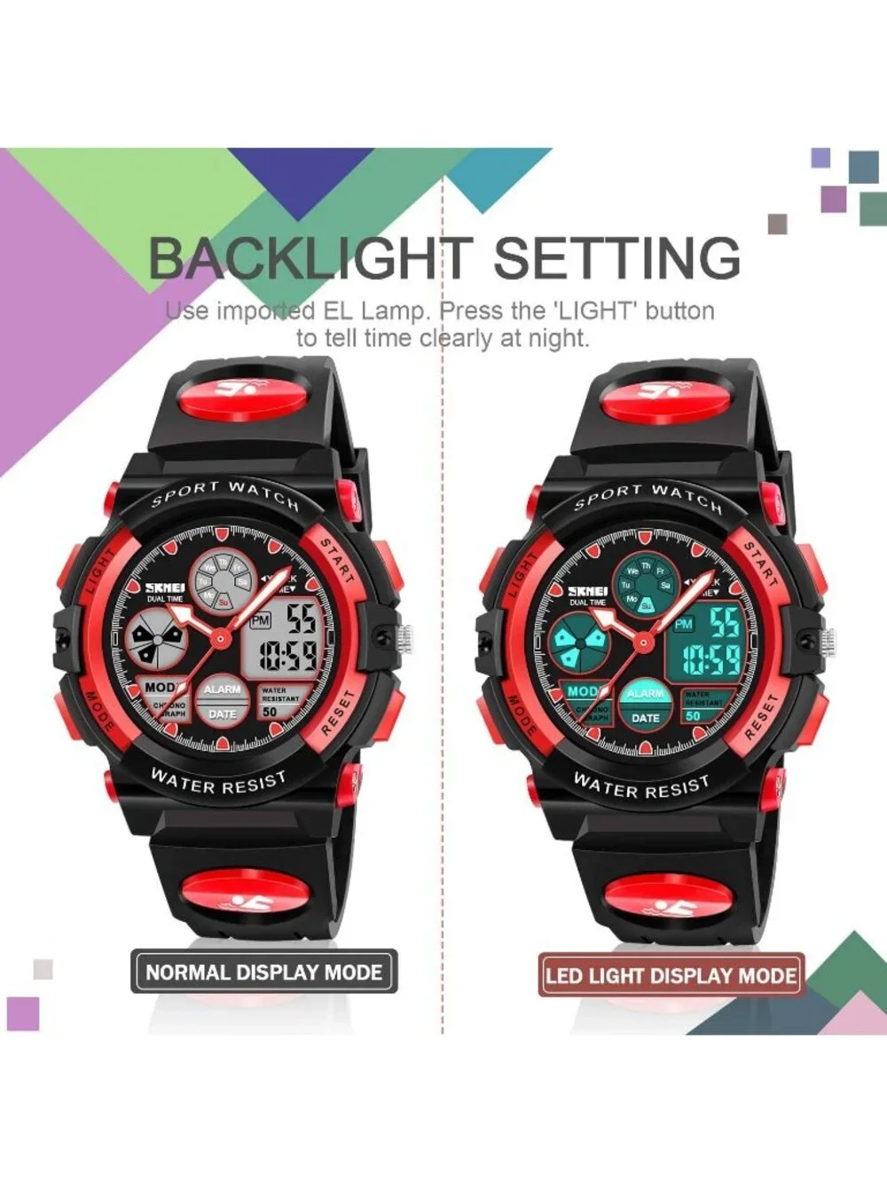 Kid's Black Red Analog Quartz Multi Function Waterproof Round LED Digital Watch